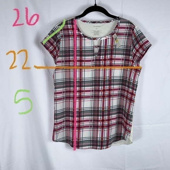 Van Heusen Blouse Short Cap Sleeve Scoop neck V-Cut out Plaid Striped Casual Top - Picture 2 of 9